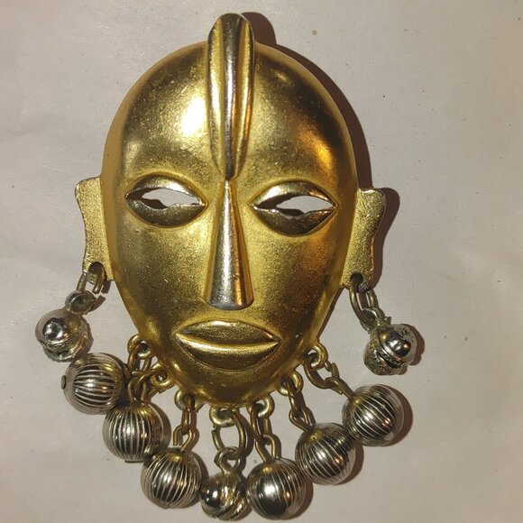 Large Tribal Mask Brooch Pin Mayan Aztec African Vintage Dangling Silver Balls - Picture 9 of 13